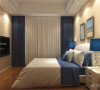 卧室多采用蓝色和白色，很好的与客厅做出了呼应，统一了风格，家具简单时尚色彩明快，自然，布艺采用简单的条纹装饰了空间的色彩，突出了地中海明快，明亮自然的特点