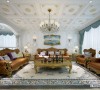 家具和软装饰来营造客厅的整体效果。简单重复的白金格子天花板，与颜色简单花纹重复的地毯上下呼应，黄褐色真皮沙发与之对应，增加了较多的情趣与快感。