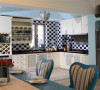 厨房的蓝白相间瓷砖和橱柜设计，将厨房打造出了浓浓地地中海风格，整个厨房的空间利用合理，实用中又透着美观；