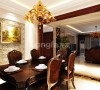 餐厅中，素雅的欧式家具置于餐厅中央，与一旁的酒柜相映成趣，别有一番欧式的浪漫气息。