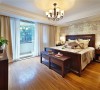 卧室布置较为温馨，作为主人的私密空间，主要以功能性和实用舒适为考虑的重点，多用温馨柔软的成套布艺来装点，同时在软装和用色上非常统一。