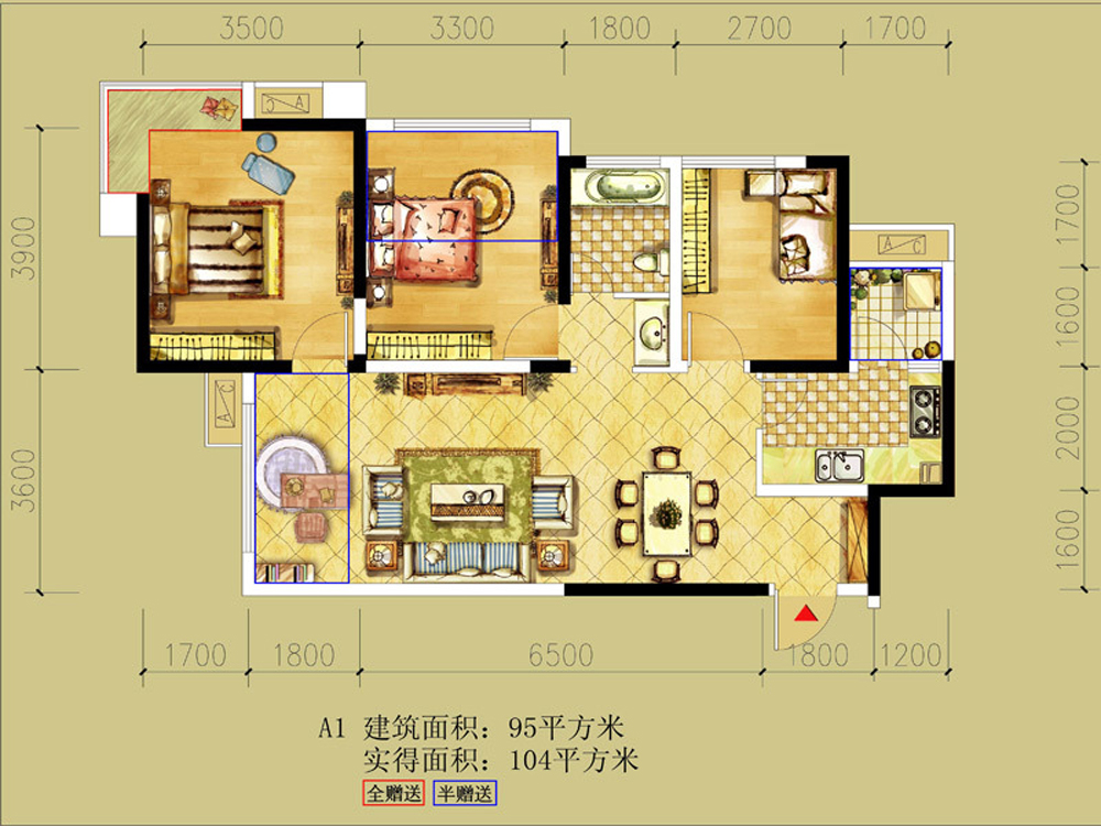 中式风格 三居室 小资 舒适 户型图图片来自成都生活家装饰在95㎡中式混搭三居室的分享