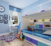 次卧室做了儿童房的处理，以蓝色调贯穿。本方案整体采用简单的线条以及其它材质的配合来很好的阐释我们简约风格在当今时代的演义，简单温馨，别具韵味，为主人家打造梦想的港湾