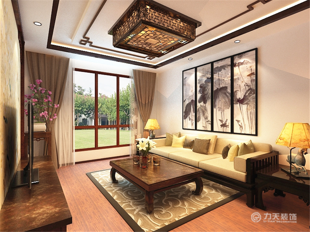 中式 三居 白领 收纳 80后 小资 客厅图片来自阳光力天装饰在智造创想城-121.17㎡-新中式的分享