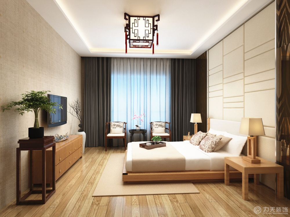 中式 三居 白领 收纳 80后 小资 卧室图片来自阳光力天装饰在大津城-132.0㎡-新中式风格的分享