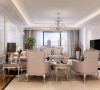 客厅为米色基底上配合银箔镶边家具 ，其余主要空间采用米黄色壁纸，装饰上以菱形镜，明亮通透，浅紫色丝绒家具，尽显浪漫雅致。