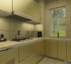 厨房，整体的墙都是瓷砖，很是整洁，乳白色的橱柜给厨房增添了色彩。