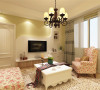 客厅沙发使用粉红色小碎花图案，这是田园风格的标志性特点。沙发背景墙用照片来装饰，电视背景墙做了简单的造型，同时增加了储物空间。