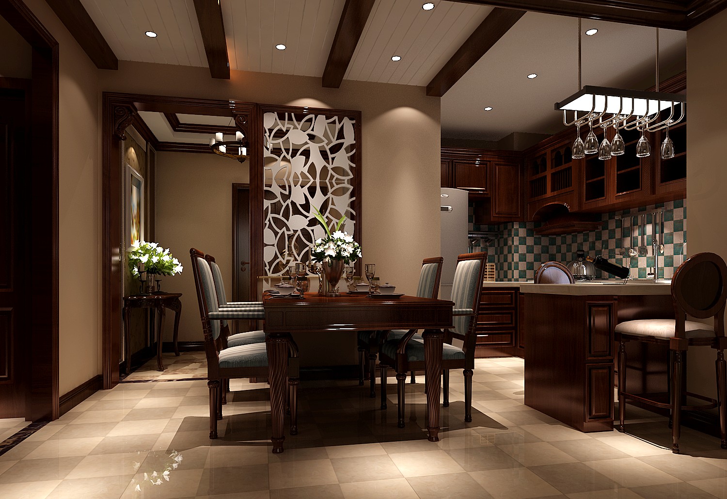 美式 两居 收纳 效果图 家居 餐厅图片来自高度国际装饰宋增会在K2海棠湾88平美式风格两居案例的分享
