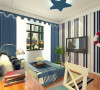 墙面采用了与客厅相呼应的蓝白壁纸，床、床头柜和电视柜的颜色用了蓝色，那么床罩就用了蓝白相间的颜色加以衬托