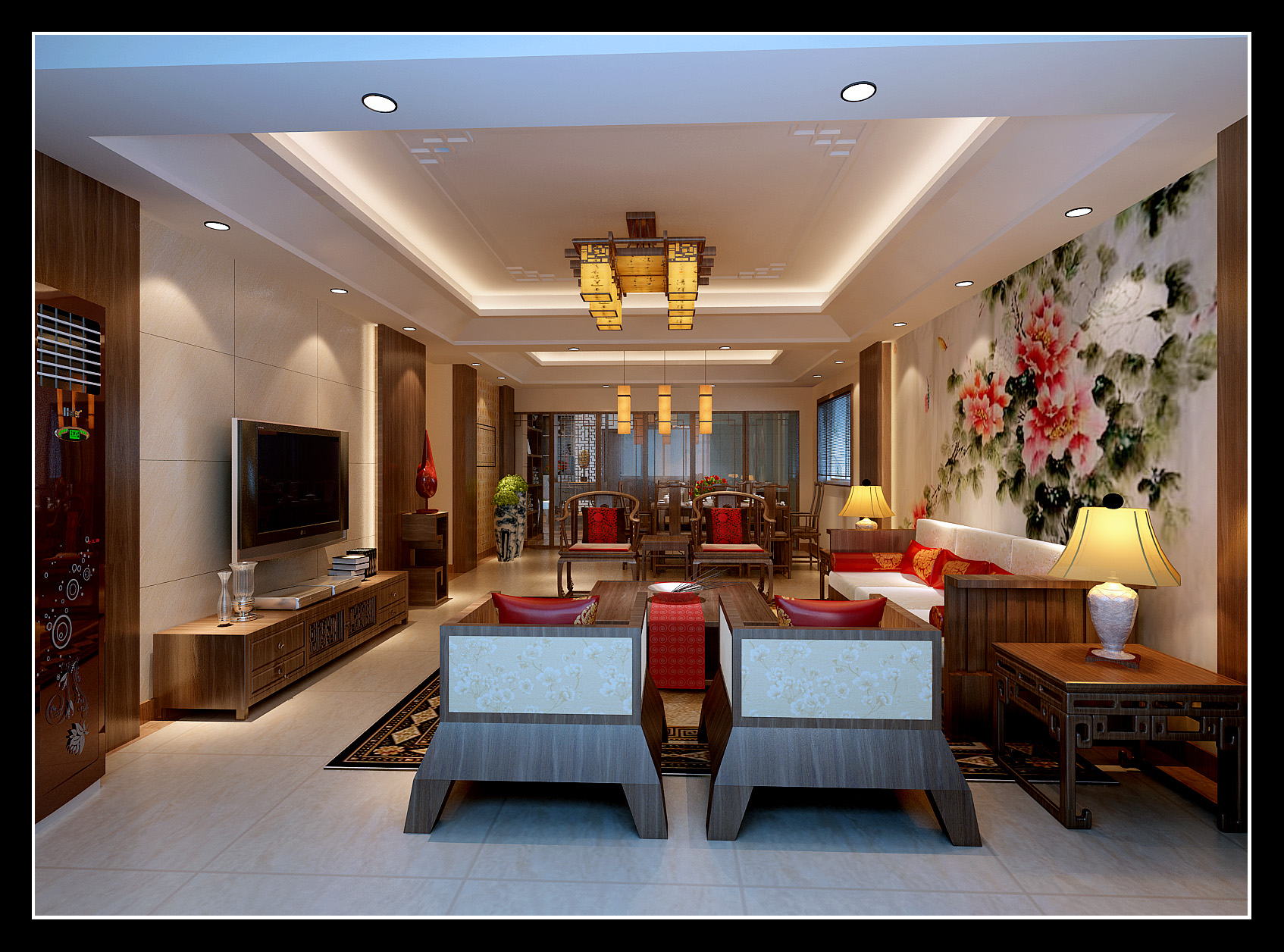 中式 三居 背景墙 沙发 实木 客厅图片来自长沙实创装饰范范在现代中式风格设计的分享