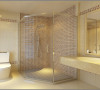 以浅色墙砖为主深色腰线为点缀，使整个卫生间宽敞简洁。
