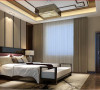 主卧室，吊顶的实木线条和床头背景都是捕捉中式元素的明显表现