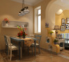 餐厅简洁大方，同色系的餐桌椅作为空间的主要参照物，墙面壁挂柜既实用又美观