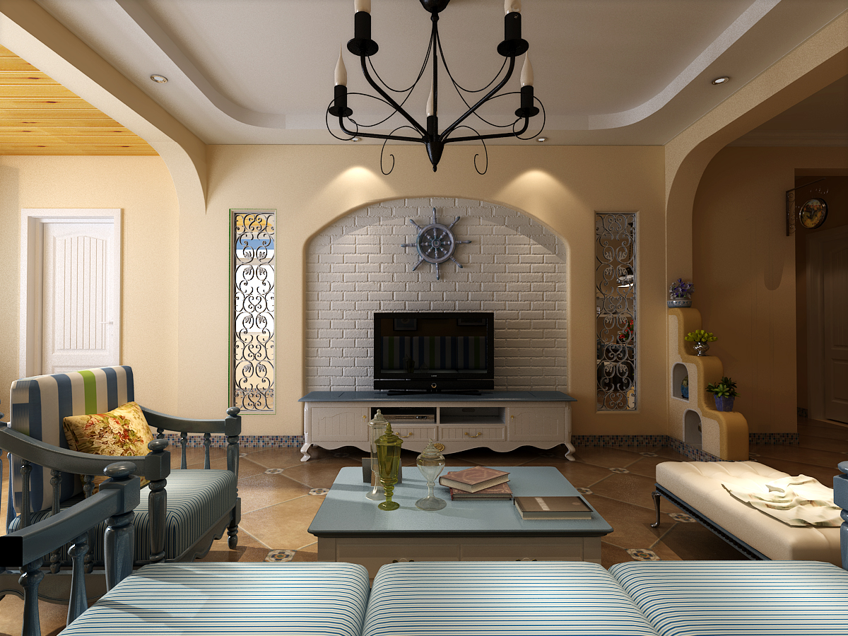 客厅图片来自大宅别墅装修设计在奥北公园105㎡地中海风格的分享