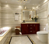 浴室实景图

设计说明：浴室的灯光设计一样非常细致，整体墙地砖采用了同款同风格的。其中，棕红色台柜的融入，为整个空间灌入了跳动的色彩。
