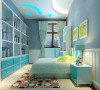 设计理念：整个房间的基调白蓝为主，青春与活力是这个卧室的主题。 
亮点：书柜与墙体嵌合为一体，既节约了空间又保证了安全。为孩子的学习与探索提供了方便之门。