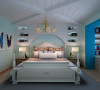 清浅的湖蓝色，用白色色搭配，让卧室充满春日的活力。弧形的床头柜与木床造型相仿，颇具童话般纯真可爱的感觉。