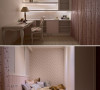 藉由床头线条的延伸，在小坪数空间里拉出充足的双人房尺寸格局，另缀点粉红碎花增添小浪漫气息。