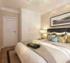 主卧是主人休息的区域,主卧的设计空间合理简洁，白色的床加上黄绿色的靠枕，奠定了温馨的基调。