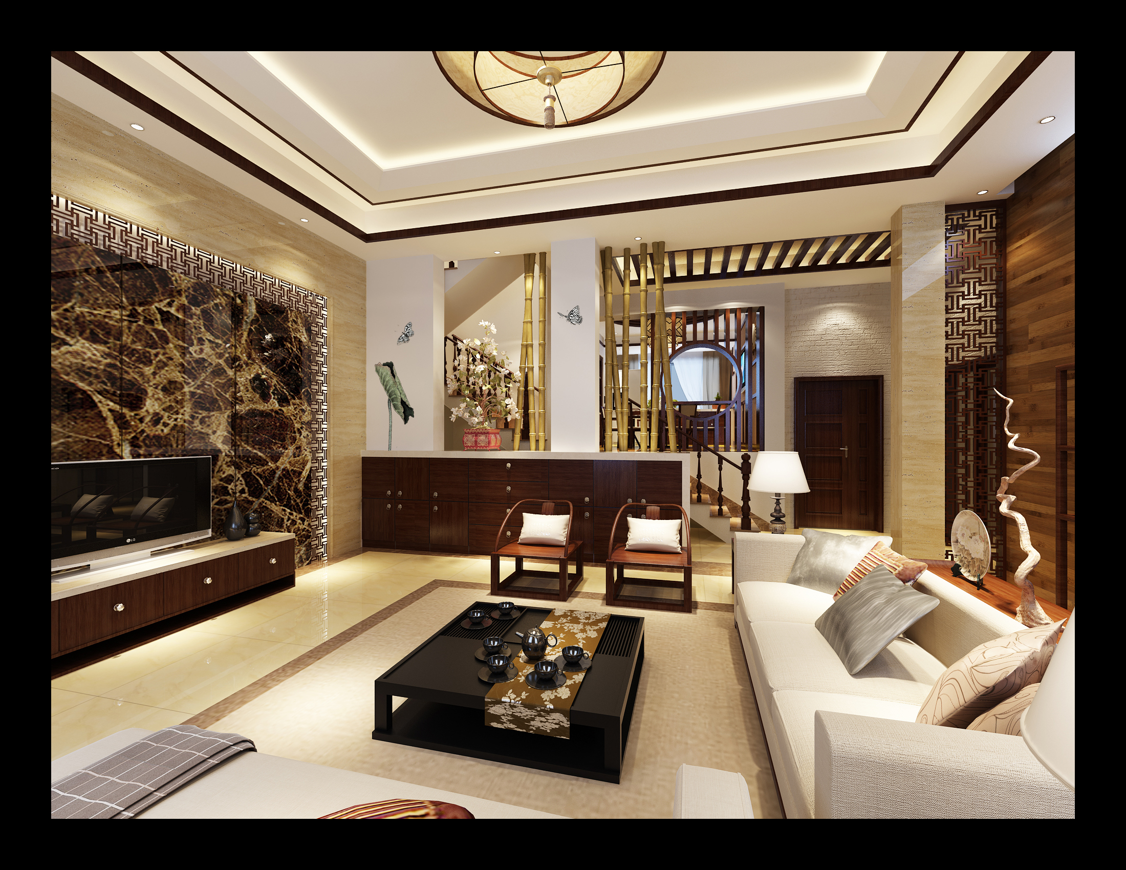 中式 客厅图片来自湖南长沙苹果装饰在麓山别墅新中式风格的分享
