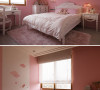 粉红色底墙搭配白色家具与床组，营造满屋女孩风浪漫。