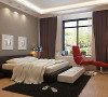 盛润锦绣城114平方卧室全景装修效果图，在颜色上的搭配很新意，重色为主，亮色点缀。