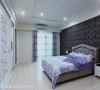 深色调的床头壁布，搭配银紫色的床头绷板，围塑女孩渴望的时尚氛围。