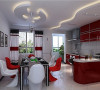 厨房以白色为主色，红色的吊柜和橱柜为厨房添上了一抹鲜艳的色彩，给人眼前一亮的感觉。