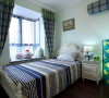 这是小孩的房间，他特别喜欢蓝色和条纹，所以给他的房间用了蓝色调，配上了蓝色横条纹窗帘和床单，家具选择了白色调，蓝白搭配比较清爽干净。
