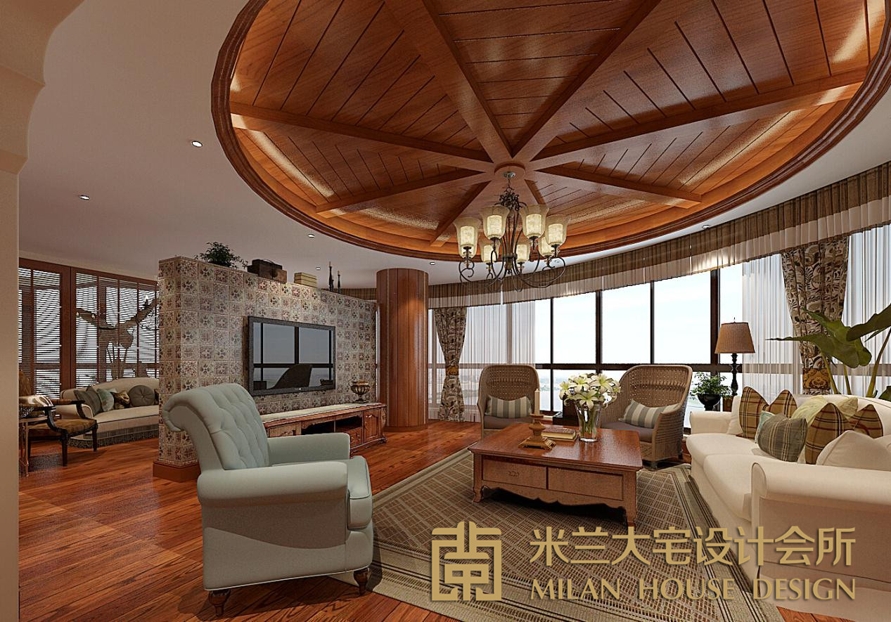 客厅图片来自米兰大宅设计会所在湘江豪庭—美式田园的分享