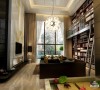 客厅的设计简洁大方，到顶的书柜设计更是设计的亮点。沉稳，自然。
