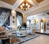 客厅实景图：客厅的设计，选用简单的白色沙发，简单的吊灯，蓝色的窗帘与蓝色的地毯相互辉映。