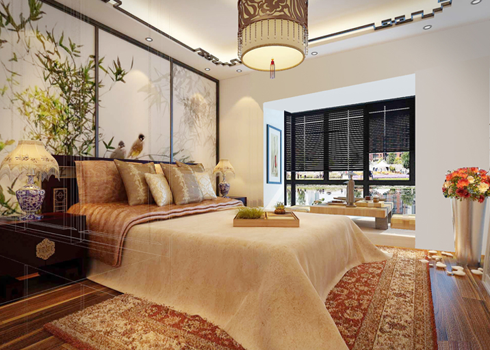 新中式风格 三居 婚房装修 卧室图片来自实创装饰上海公司在新中式婚房装修温馨大气不老气的分享