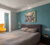 卧室设计：
房主期待睡眠空间要更干净、干纯，所以选择深蓝色壁纸、几何造型来布置主卧室。主卧室注重功能，简化设计，线条简练，多用明快的颜色。