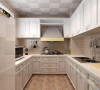 厨房设计：
厨房采用的菱形仿古砖与实木白色橱柜相结合，流动富有质感，古典简约之美显而易见。