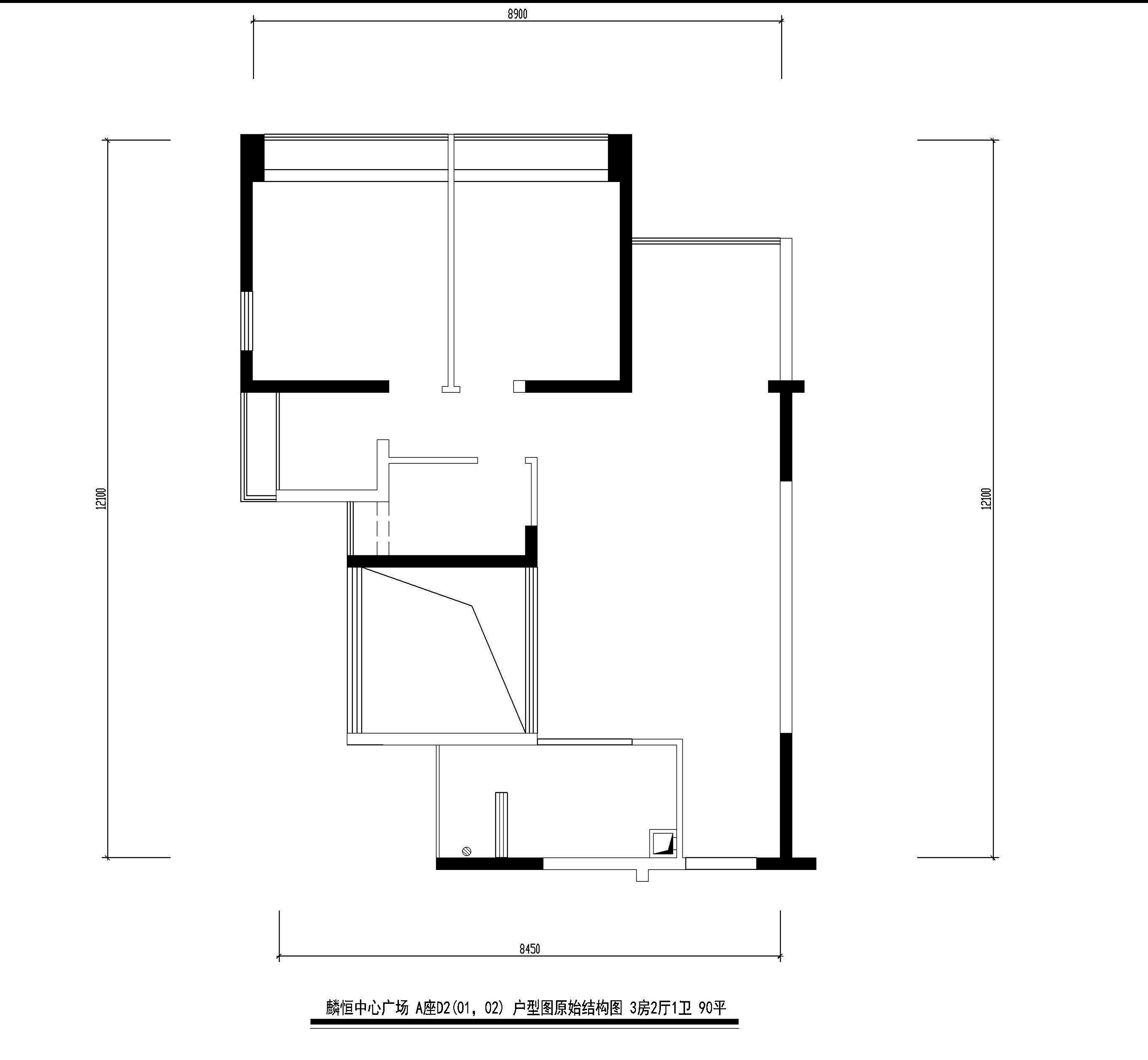 麟恒中心广场a座d2(01,02 户型图原始结构图 3房2厅1卫 90平