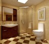 将暖色墙地砖、美国红橡实木浴室柜进行色彩综合搭配，体现卫生间的空间实用性和利用率，地面使用微晶石拼花防滑地砖，达到色彩和谐的效果。