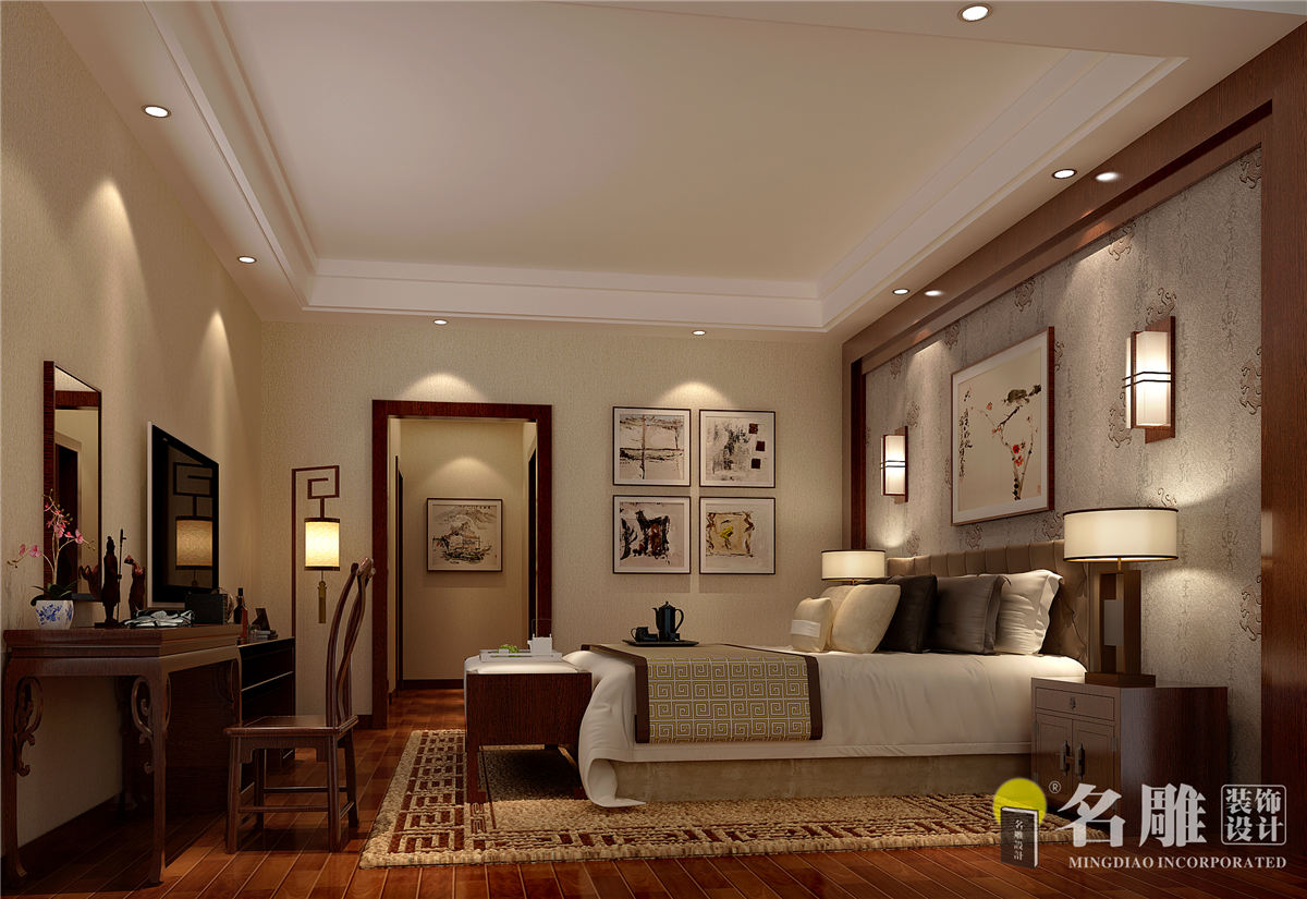 现代中式 别墅 耳目一新 小资 卧室图片来自名雕装饰长沙分公司在新中式风格的分享
