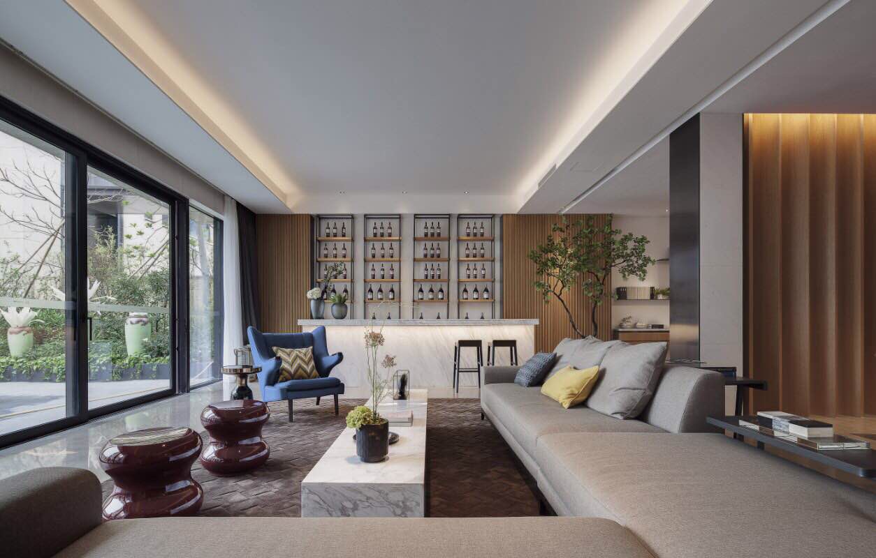 现代新中式 联排别墅 客厅图片来自实创装饰上海公司在联排别墅装修石材与实木的遇见的分享