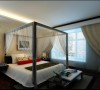 卧室的四柱床像取景框一般分割视野。床头灯还采用了中式古典经典的镂空雕刻设计。更加增加了卧室的古色古香之感。