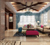 新中式装修普罗旺世600平别墅客厅电视沙发效果图，在沉闷的灰色调中加入几组高纯度颜色，给整个空间添加几分活力