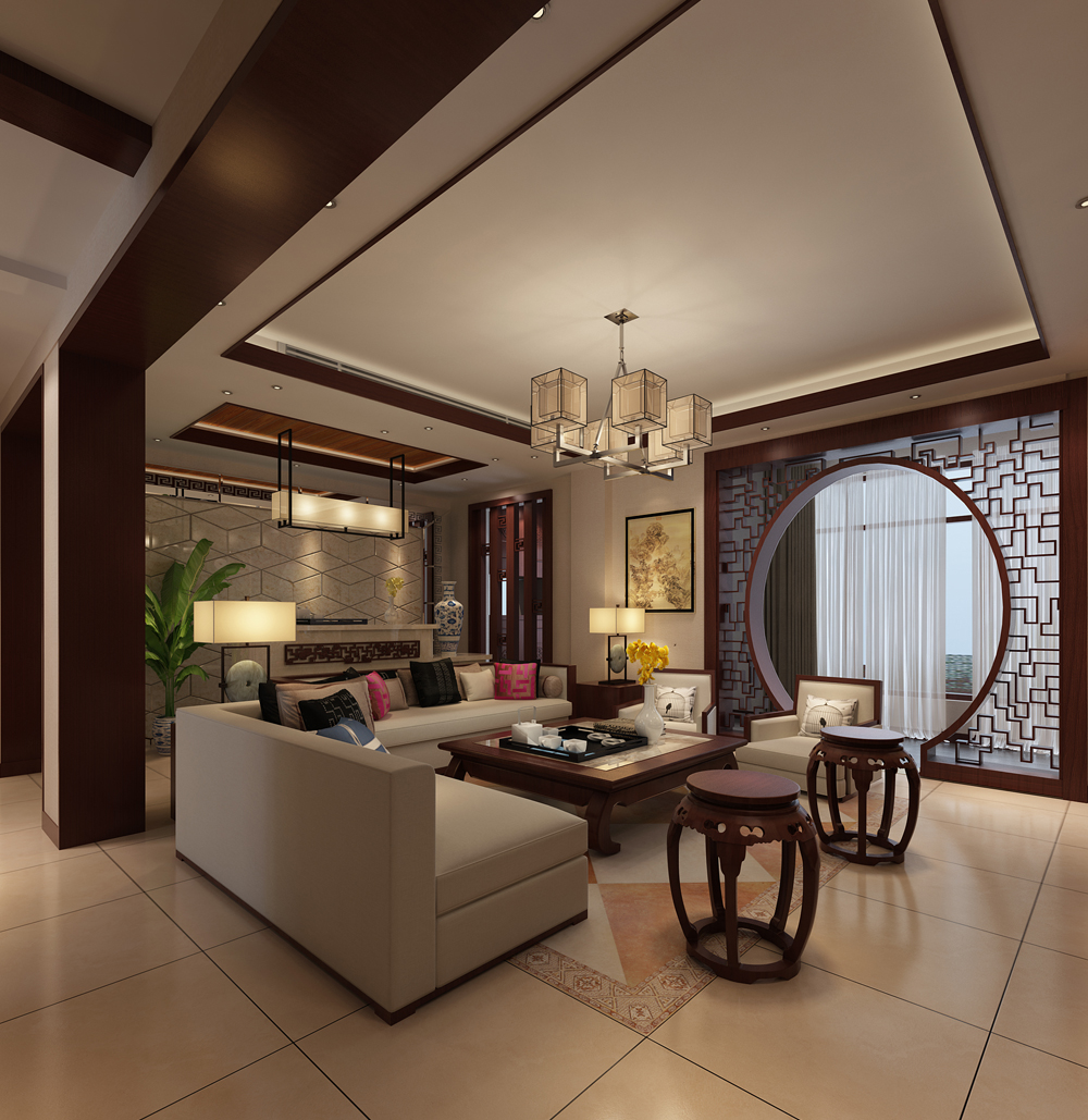 客厅图片来自天津科艺隆装饰在瞰海品筑-中式风格-两室两厅一卫的分享