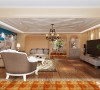 客厅设计：
为避免业主感觉空间中规中矩，在所有的阳角处采用倒角工艺，墙面的圆滑让空间看起来更加舒适。