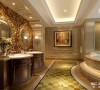 卫生间设计：
浴室是女主人专属的放松场所，浴室镜的造型似王后的镜子，典雅造型有分分钟带你回到皇室时代的错觉