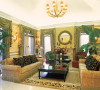 客厅的设计围绕着自然的主题，深绿的窗帘，浅绿的壁纸，搭配着黄色印花的沙发，自然中的华贵与温馨。