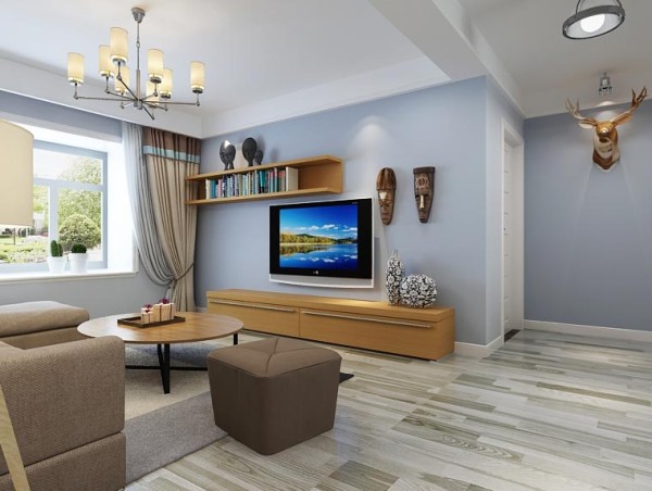 客厅整体采用淡蓝色装修设计,地面采用淡蓝色岩石纹理地板进行装饰