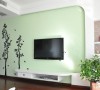 电视背景墙以浅绿色为主色调，墙面上简洁大方，两棵立体DIY小树增添了背景墙动感的气息，预示着男女主人爱的寓意。