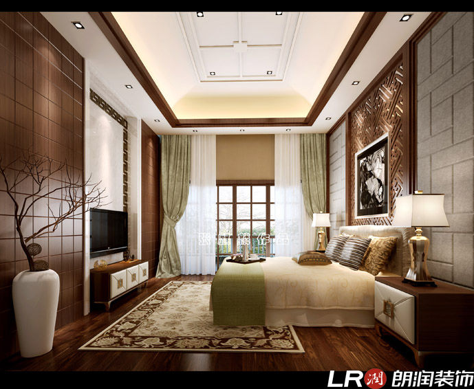 现代中式 别墅 混搭 简约 卧室图片来自朗润装饰工程有限公司在雅居乐博雅苑460平米现代中式的分享