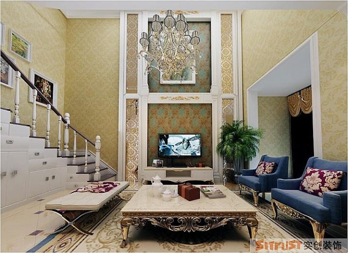 客厅图片来自郑州实创装饰啊静在财信圣提亚纳90平欧式小复式的分享